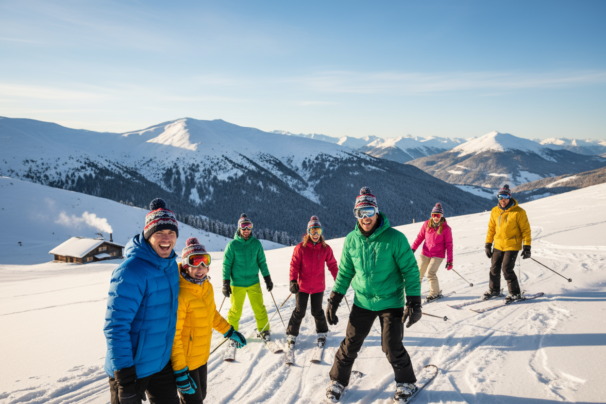 beautiful snow slopes with happy people wearing cozy warm gear